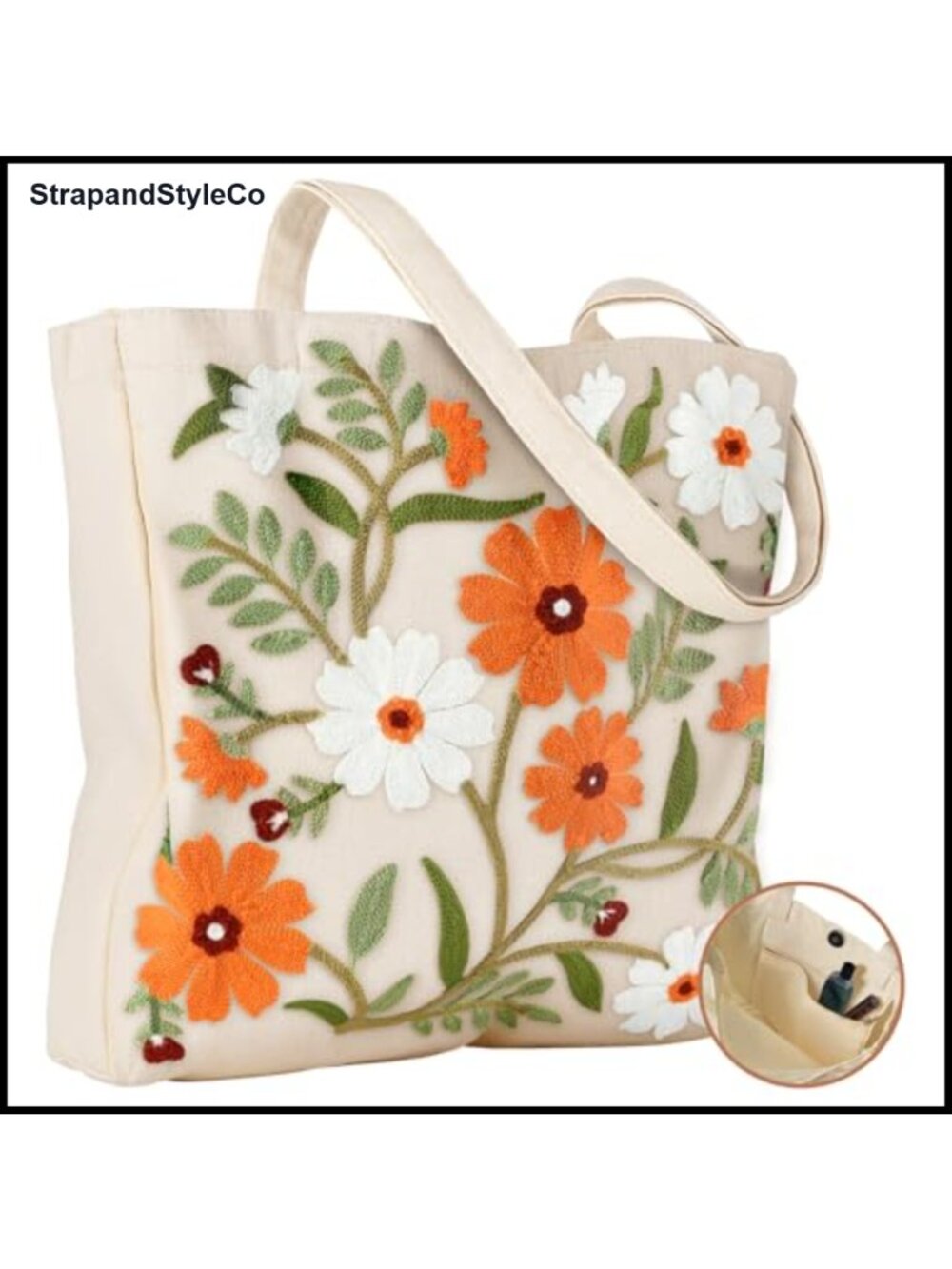 Floral Embroidery Canvas Tote Bag Reusable Grocery Linen Shoulder Bag